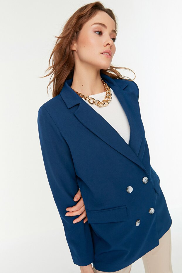 Indigo Regular Astarlı Kruvaze Kapama Dokuma Blazer Ceket TWOAW21CE0264 - 9