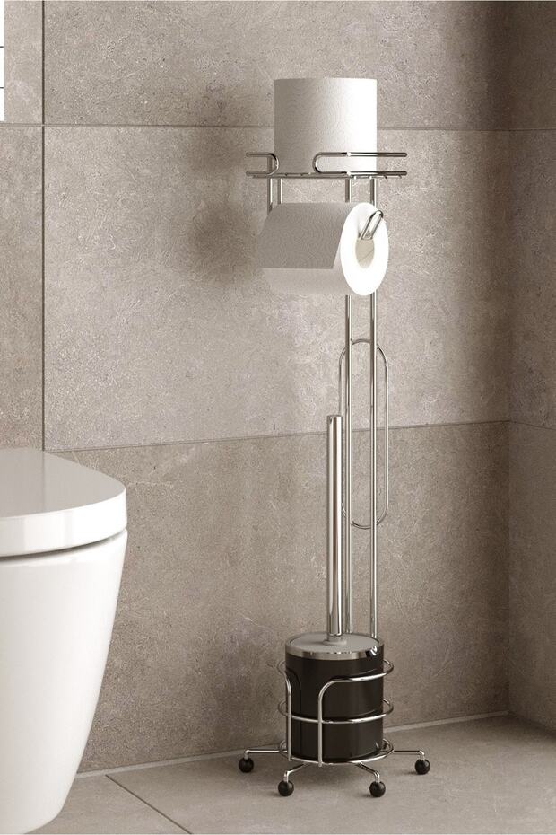 Teknotel Pedestal Toilet Brush and Toilet Paper Holder with Spare Parts Chrome Mg096