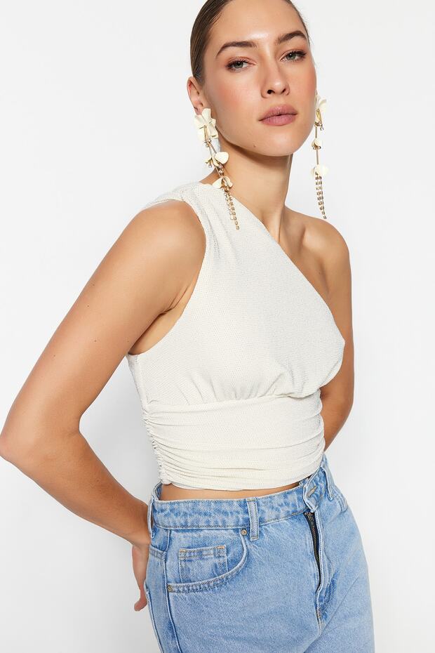 Ekru Crop Astarlı Parıltılı Örme Büstiyer TPRSS23BS00011 - 4