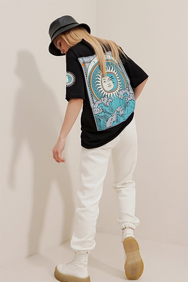 Unisex Black Crew Neck Front and Back Printed Oversize Unisex T-Shirt ALC-X9656