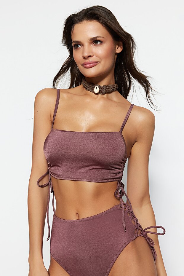 Kahverengi Tünelli Bralette Kaplı Bikini Üstü TBESS22BU0046 - 2