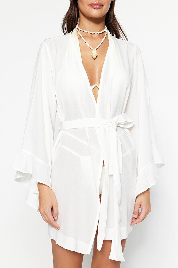 Ekru Dokuma Plaj Mini Kuşaklı Kimono&Kaftan TBESS21KM0002 - 3