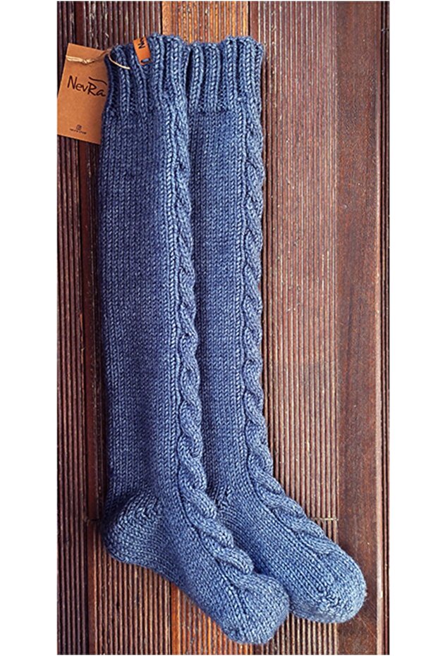 El Örgüsü Uzun Örgü Kalın Yün Çorap Mavi Denim - 4