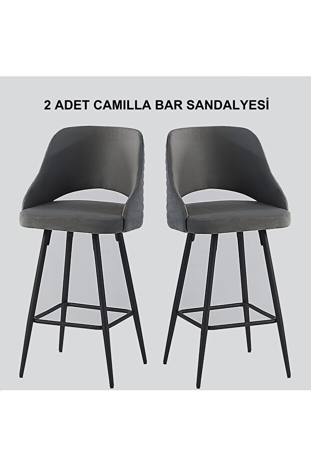 2 Adet Camilla Ada Mutfak Ve Bar Sandalyesi - Bar Taburesi - Silinebilir Babyface Kumaş - Metal Ayak - 1