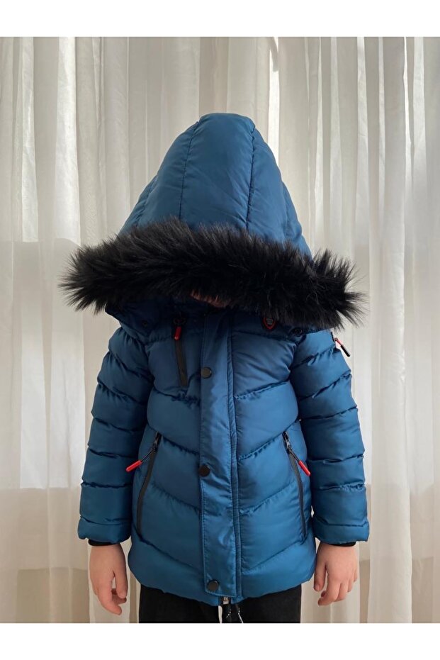 Boy's Waterproof Fur Lined Hooded Puffer Coat with Zipper Pockets