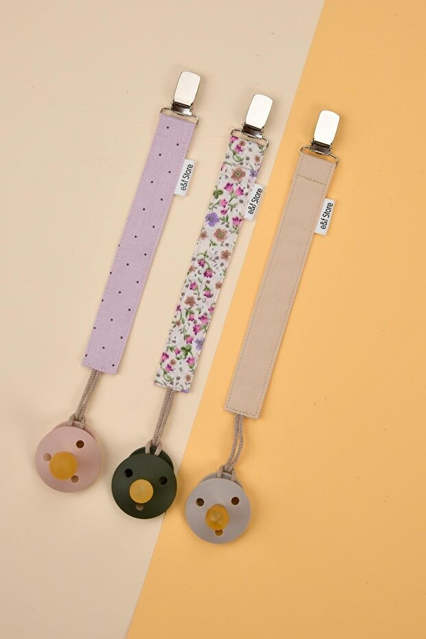 Beige 3-Piece Pacifier Set with 100% Cotton Fabric and Lilac Flowers