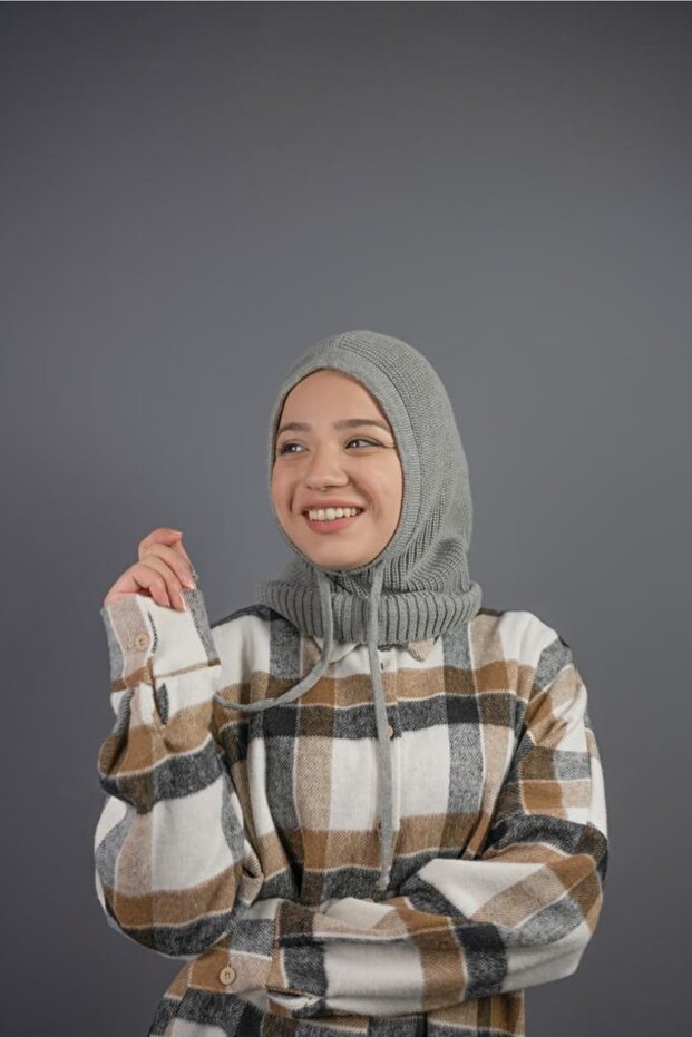 Kapüşonlu Balaclava Triko Örme Bere Başlık Gri