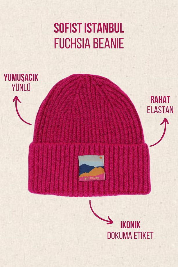 Fuchsia Unisex Beanie Fuşya Rengi Dokuma Etiketli Soft Yıkama Yünlü Ve Katlamalı Örgü Bere - 1
