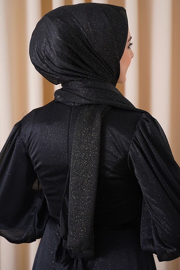 Simli Siyah Sarı Simli Abiye Şal - 3