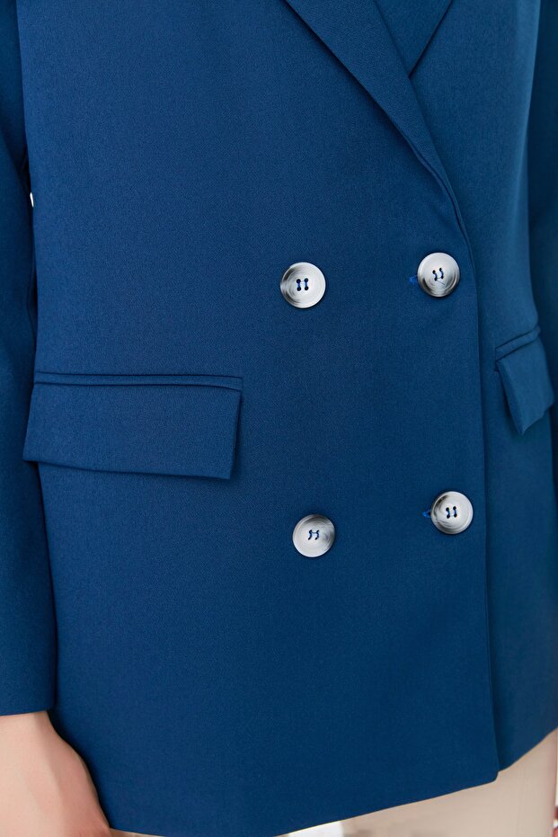 Indigo Regular Astarlı Kruvaze Kapama Dokuma Blazer Ceket TWOAW21CE0264 - 10