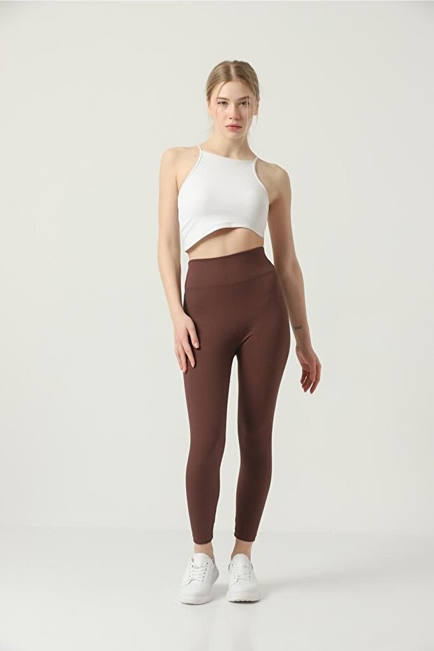 High Waist Winter Ribbed Leggings Trousers with Fleece Inside