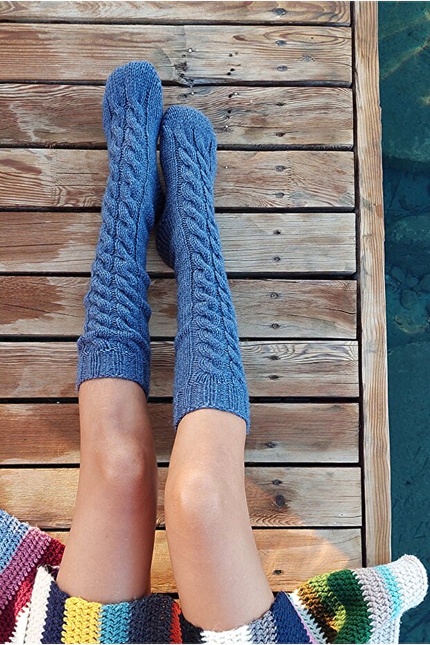 El Örgüsü Uzun Örgü Kalın Yün Çorap Mavi Denim - 1