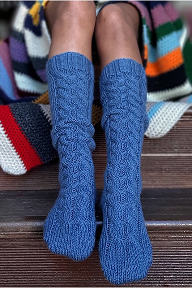 El Örgüsü Uzun Örgü Kalın Yün Çorap Mavi Denim - 3