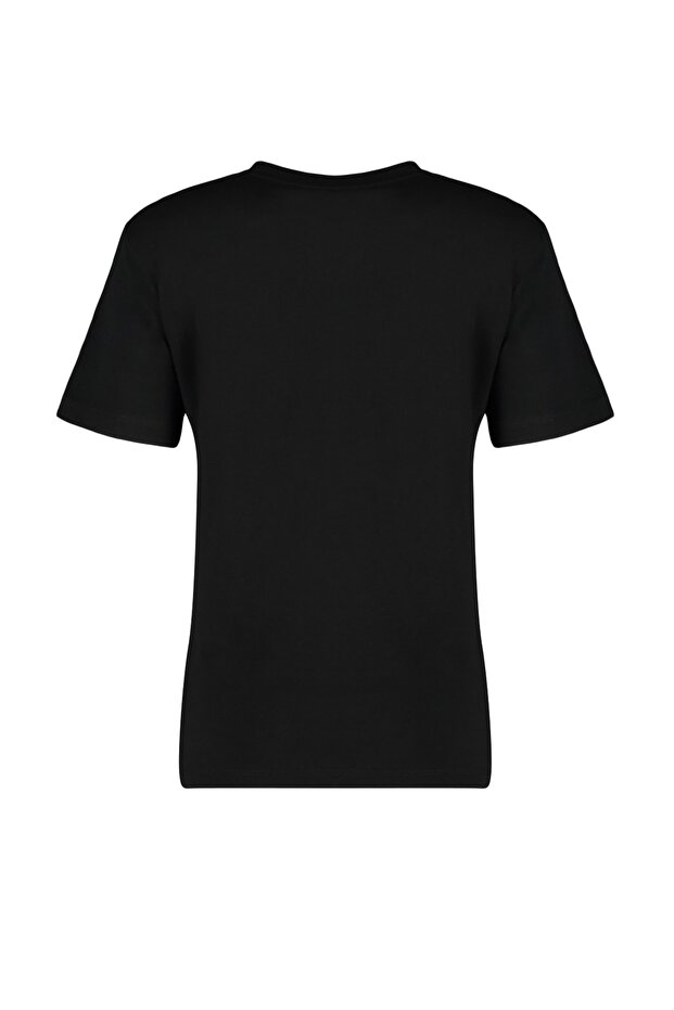 Siyah %100 Kalın Pamuklu Basic Bisiklet Yaka Örme T-Shirt TWOSS23TS00042 - 9
