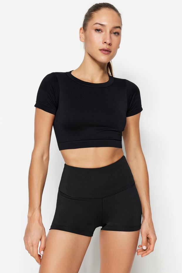 Siyah Toparlayıcı Belde Reflektör Baskılı Örme Spor Ekstra Şort/Kısa Tayt THMSS23TY00019 - 6