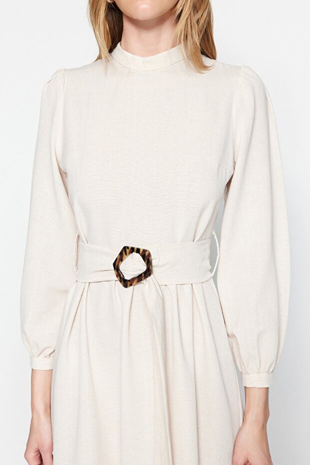 Ekrü öves állványgallér vászon megjelenésű szőtt ruha TCTSS23EB00018 - 4