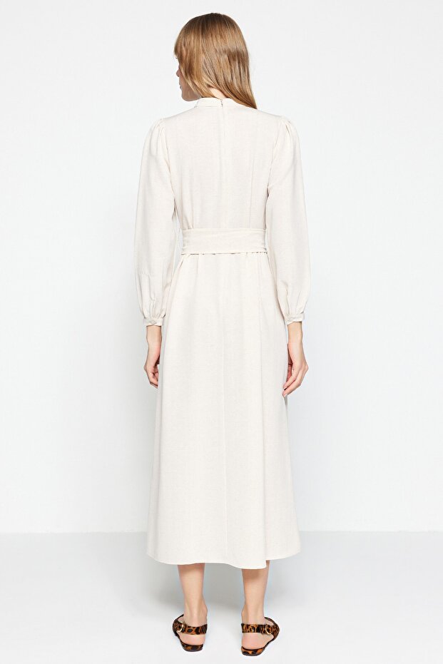 Ekrü öves állványgallér vászon megjelenésű szőtt ruha TCTSS23EB00018 - 6