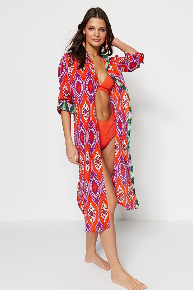 Etnik Desenli Dokuma %100 Pamuk Midi Plaj Kimono&Kaftan TBESS20KM0017 - 1