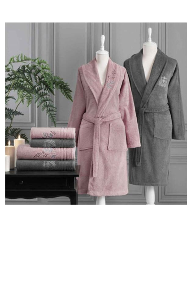 Soft Leaf Aile Bornoz Seti- Antrasit Pembe - 1