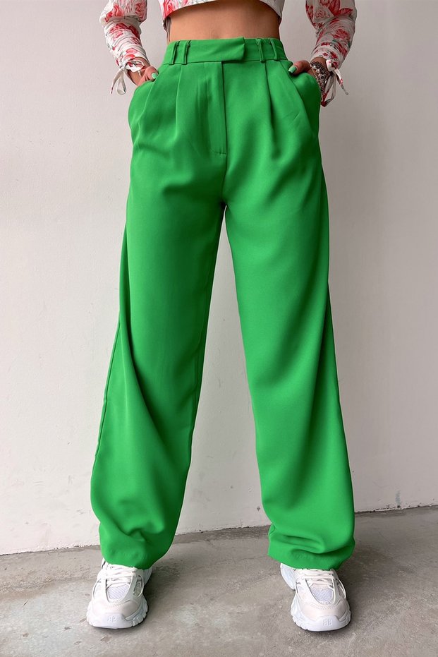 Leaf Green Belt Detailed High Waist Pleated Palazzo Trousers