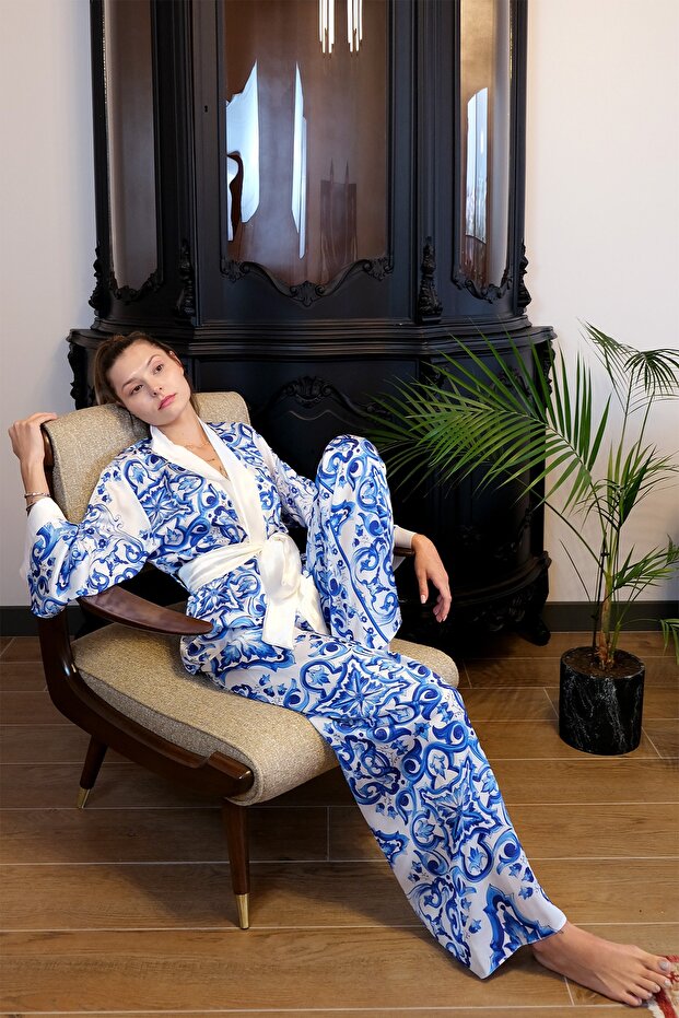 Blue Patterned Satin Kimono Trousers Set