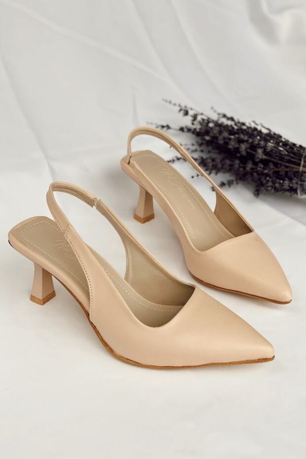 Women's Skin Beige Thin Short Goblet Heeled Comfortable Pointed Toe Open Back Stiletto Heeled Shoes