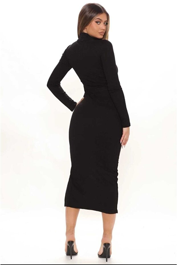 Kadın Yarım Balıkçı Yaka Tek Bacak Yırtmaçlı Uzun Kollu Bodycon Elbise - 2