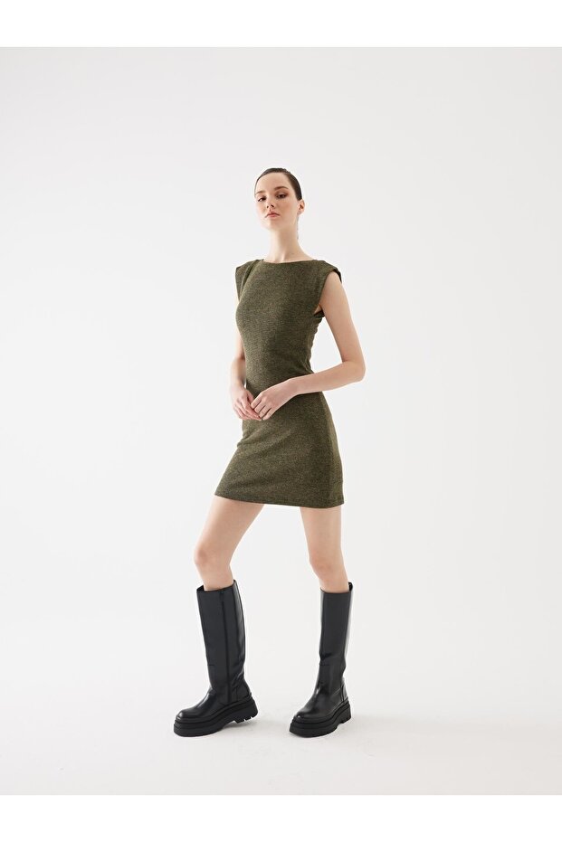 Vatkalı Yeşil Triko Mini Elbise - 3