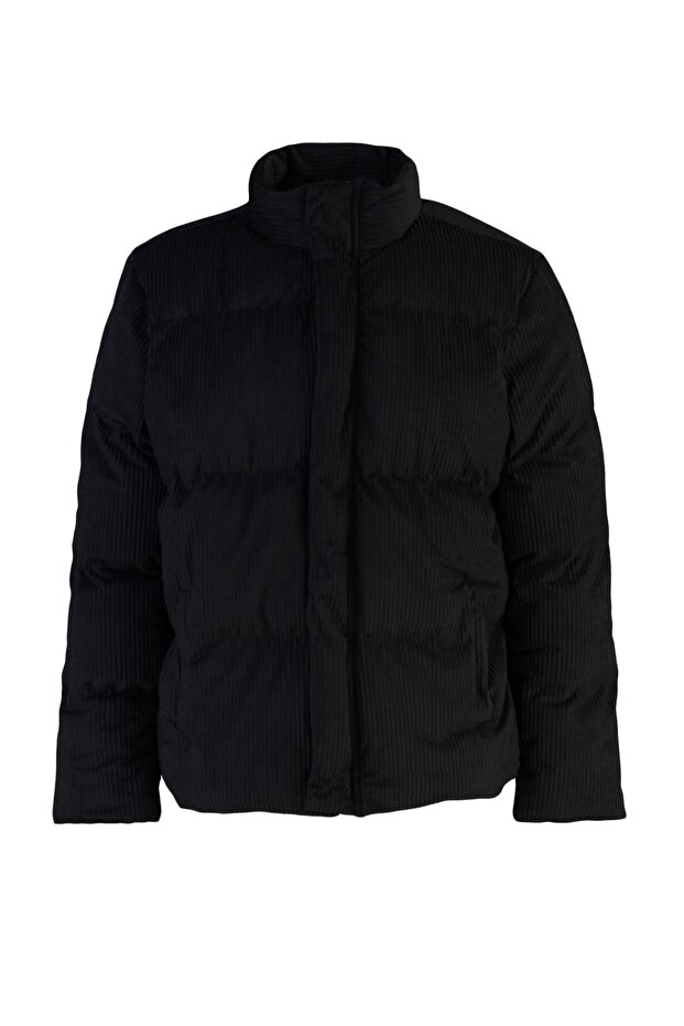 Siyah Regular Fit Dik Yaka Fitilli Kadife Şişme Kışlık Mont TMNAW22MO0182 - 6
