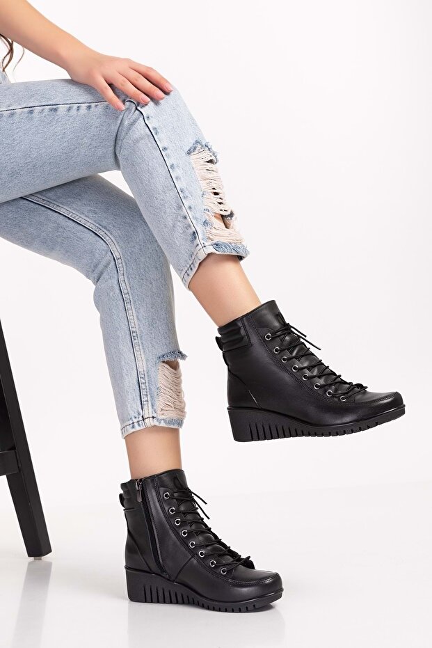 Women's Genuine Leather Non-Slip Wedge Heel Zippered Boots Esfa.2451 - Black - 40