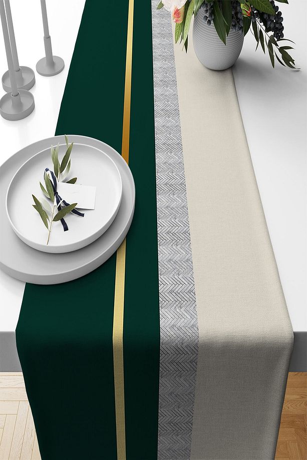 Yeşil Gold Dokuma Leke Tutmaz Premium Tay Tüyü Kumaş Masa Örtüsü Runner 40x140cm Rnr604 - 1