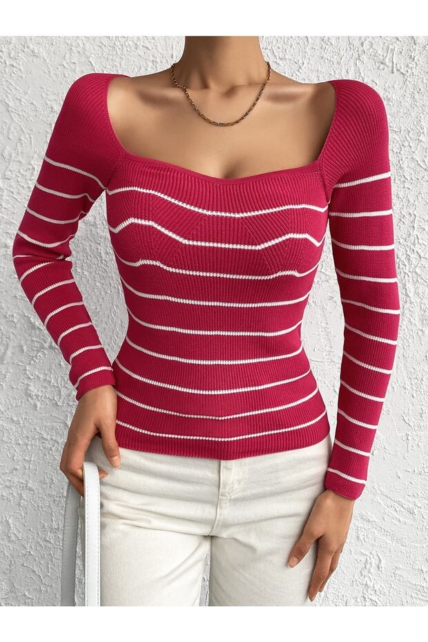 Women's Fuchsia White Striped Knitwear Blouse