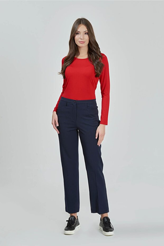 30082 Navy Blue Hidden Rubber Tube Leg Gabardine Trousers