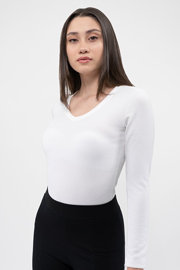 Kadın Beyaz V Yaka Uzun Kollu Fitilli Örme Basic Bluz - 1