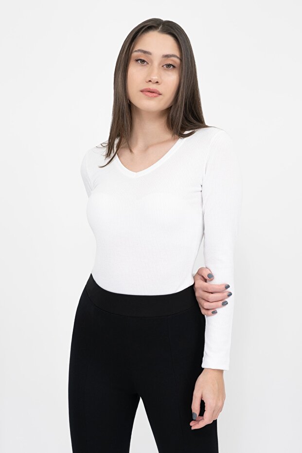 Kadın Beyaz V Yaka Uzun Kollu Fitilli Örme Basic Bluz - 2