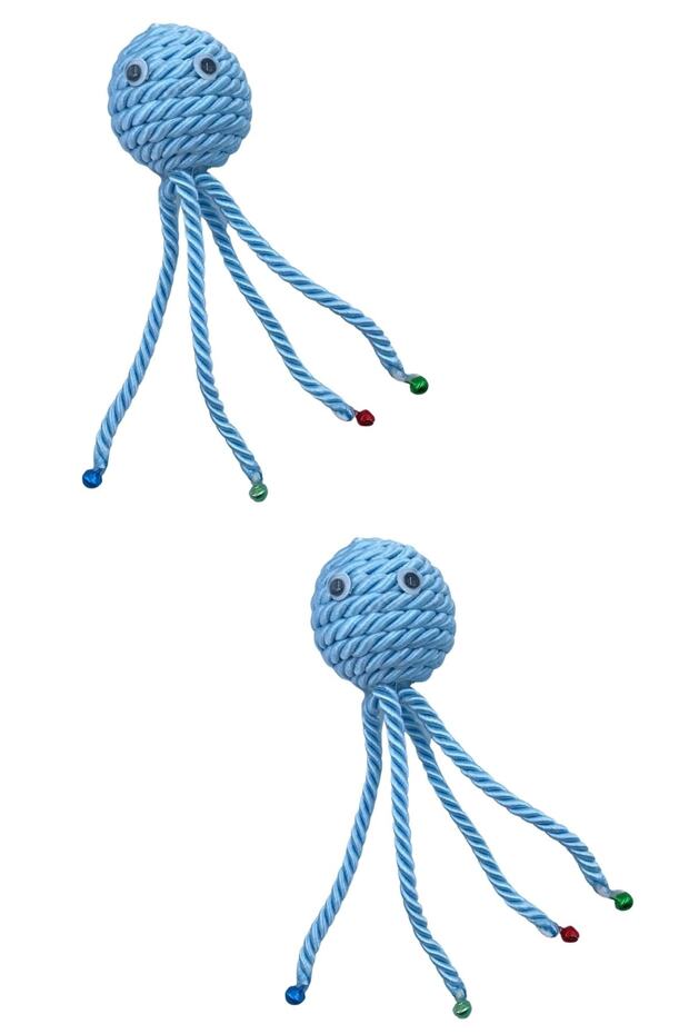 ®2 Pieces Plush Soft Colorful Straw Blue Octopus Pet Toy with Bells