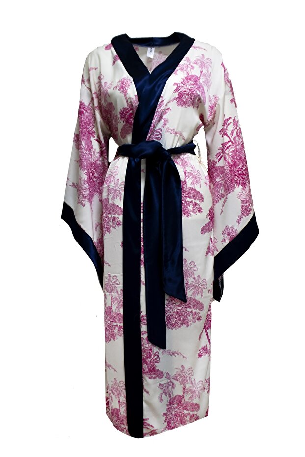 Cotton Satin Navy Blue Striped Bat Sleeve Kimono Limited Edition
