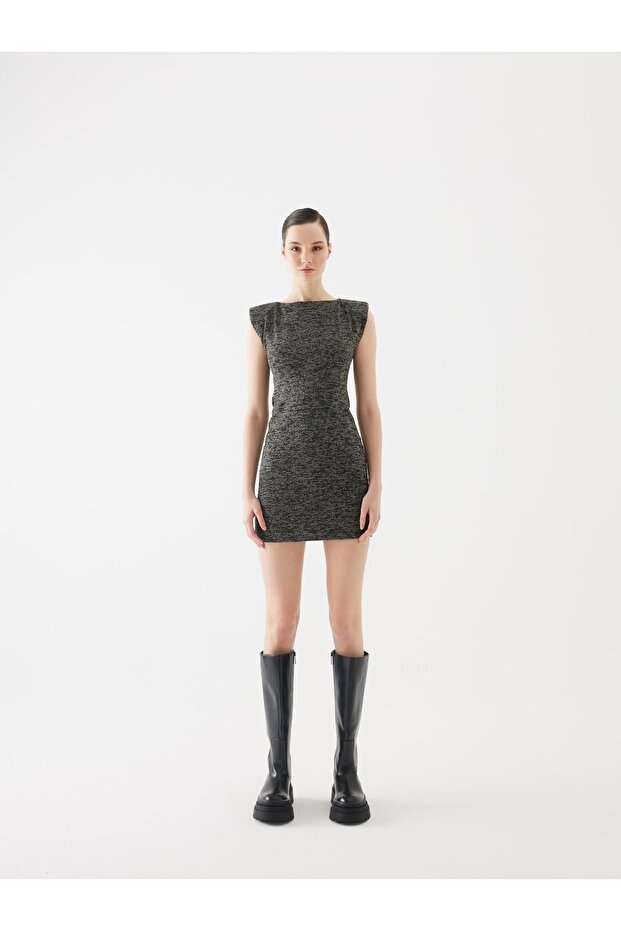 Vatkalı Siyah Triko Mini Elbise - 1