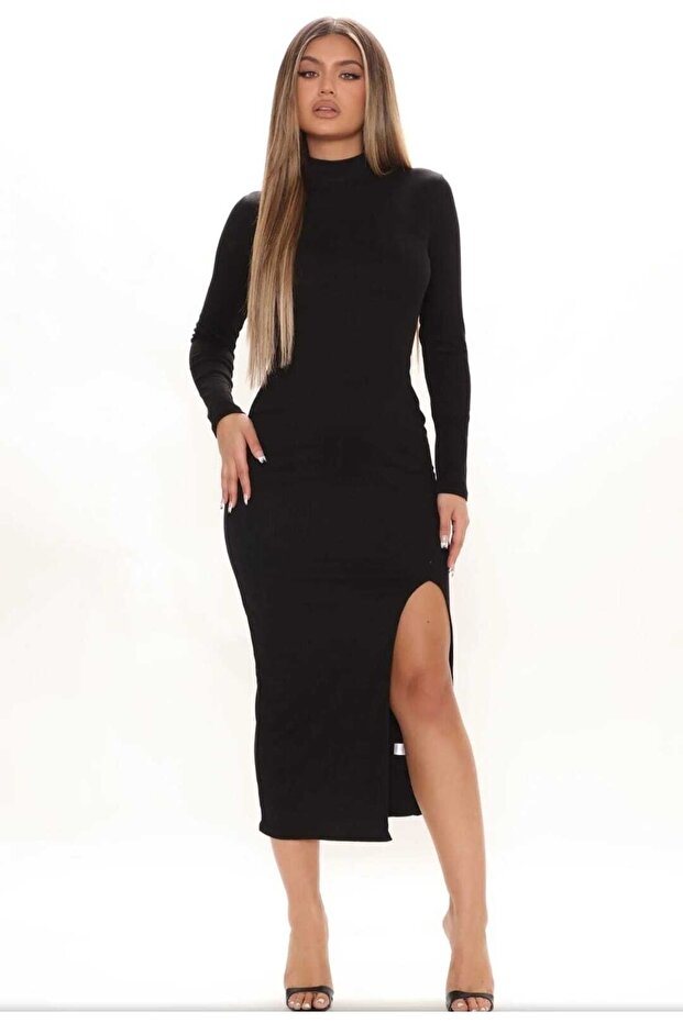 Kadın Yarım Balıkçı Yaka Tek Bacak Yırtmaçlı Uzun Kollu Bodycon Elbise - 1