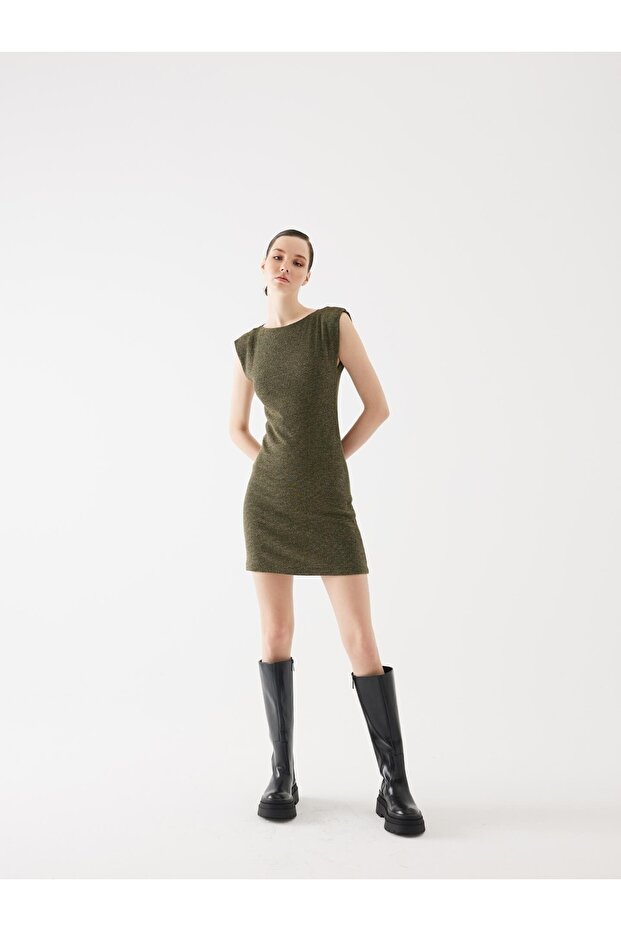 Vatkalı Yeşil Triko Mini Elbise - 2