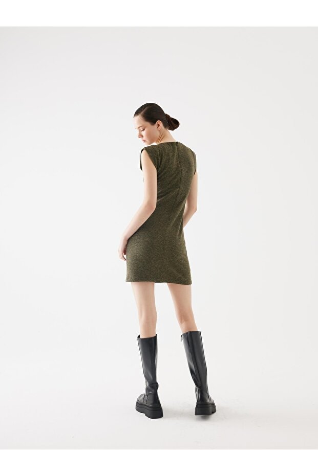 Vatkalı Yeşil Triko Mini Elbise - 4