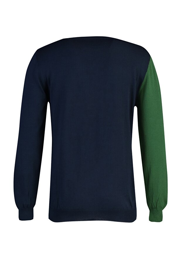 Yeşil Slim Fit Pamuklu Bisiklet Yaka Panelli Triko Kazak TMNAW21KZ0566 - 8