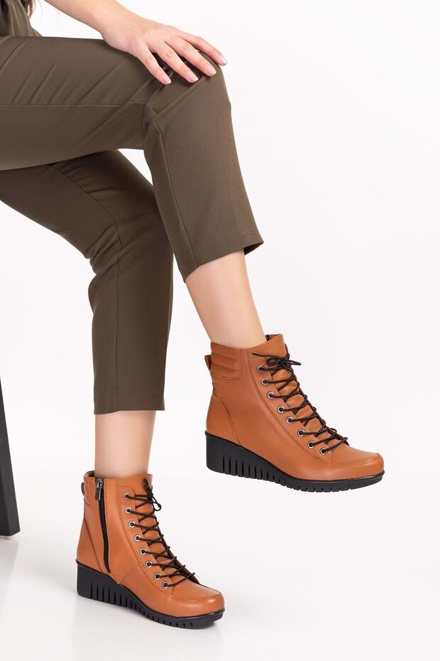 Women's Genuine Leather Non-Slip Wedge Heel Zippered Boots Esfa.2451 - Tan - 40