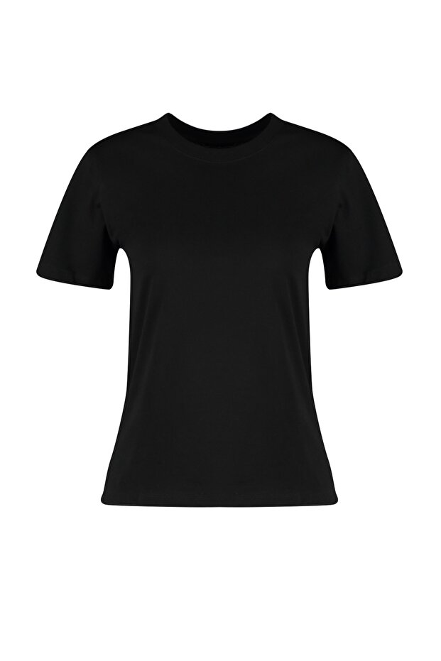 Siyah %100 Kalın Pamuklu Basic Bisiklet Yaka Örme T-Shirt TWOSS23TS00042 - 7