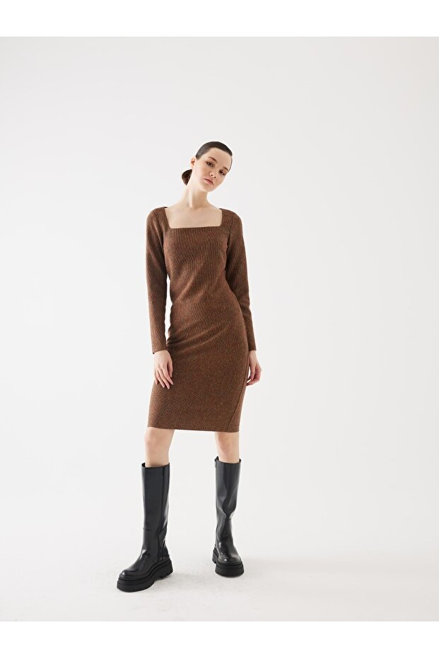 Triko Kare Yaka Tarçın Elbise - 1