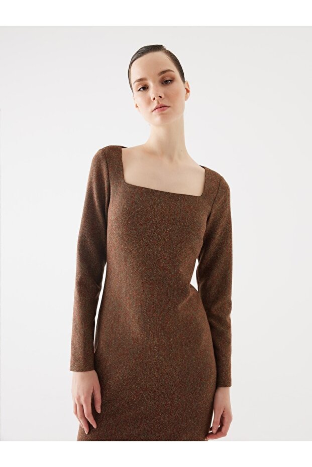 Triko Kare Yaka Tarçın Elbise - 2