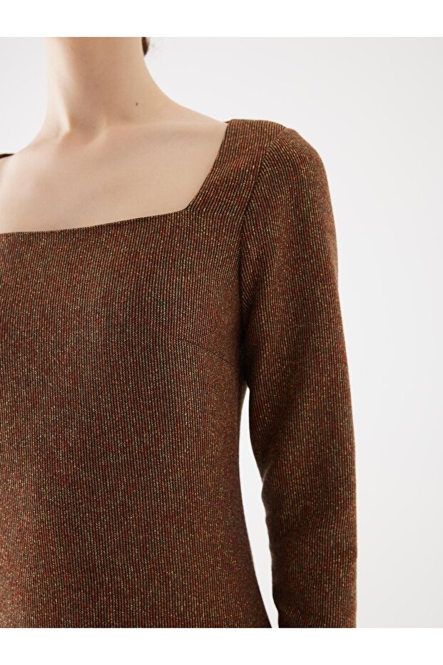 Triko Kare Yaka Tarçın Elbise - 3