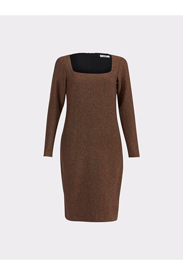 Triko Kare Yaka Tarçın Elbise - 5