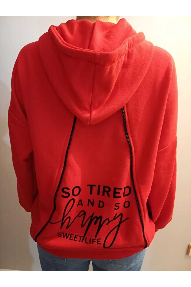 Red Hooded Thick Fleece Inside Knitted Sweatshirt