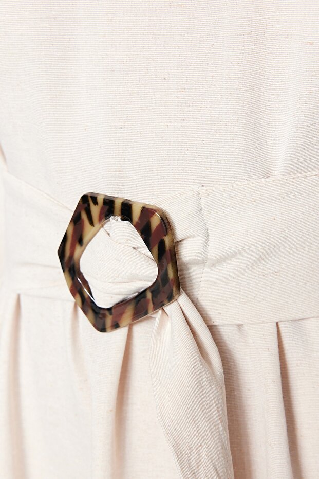 Ekrü öves állványgallér vászon megjelenésű szőtt ruha TCTSS23EB00018 - 5